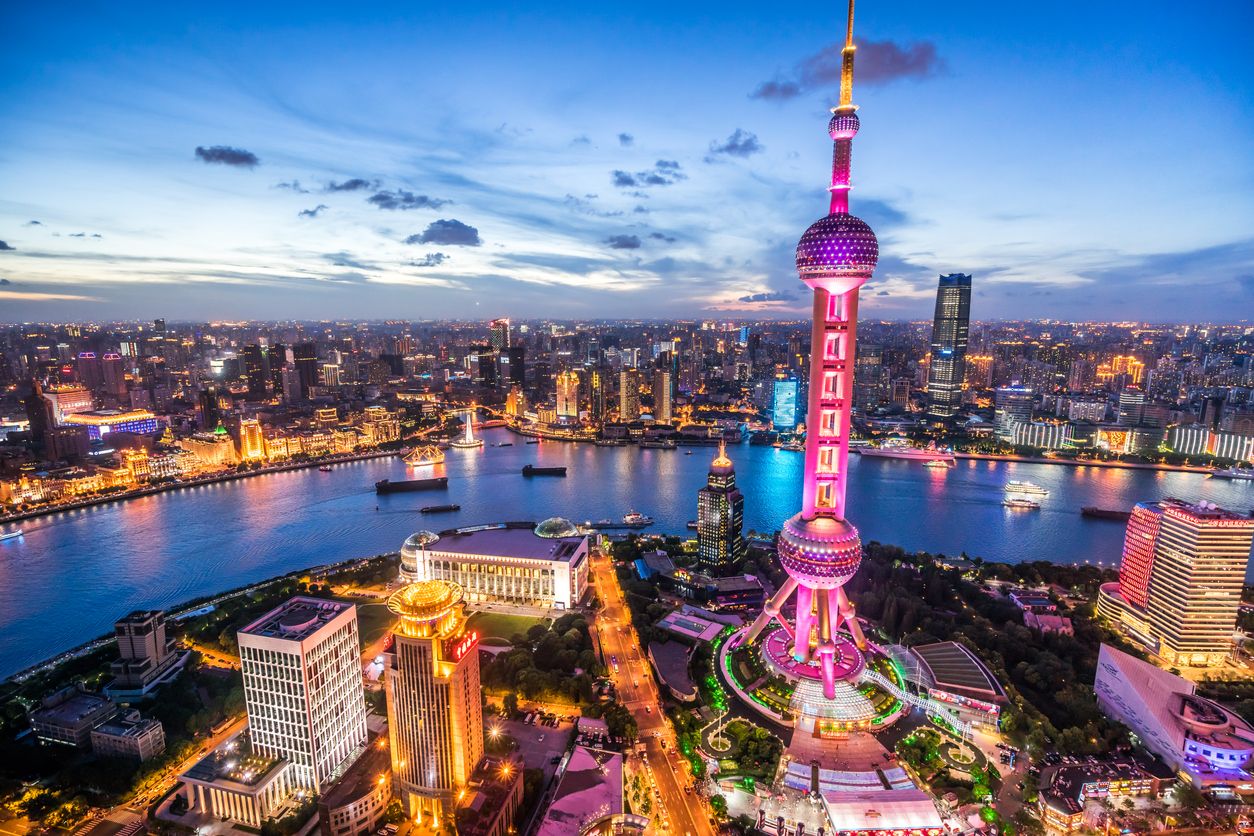 View of the splendid night view of downtown Shanghai with the Oriental Pearl Tower lit up, China