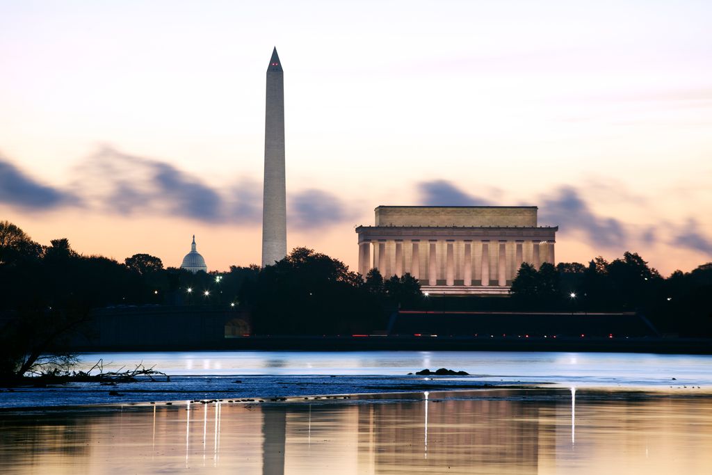 View of the Lincoln Memorial, the Washington Monument and the US Capitol from the Potomac River.