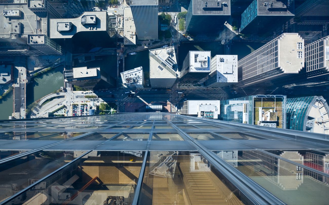Aerial View of Chicago Rooftops and Chicago River from tourist attraction "glass ledges"