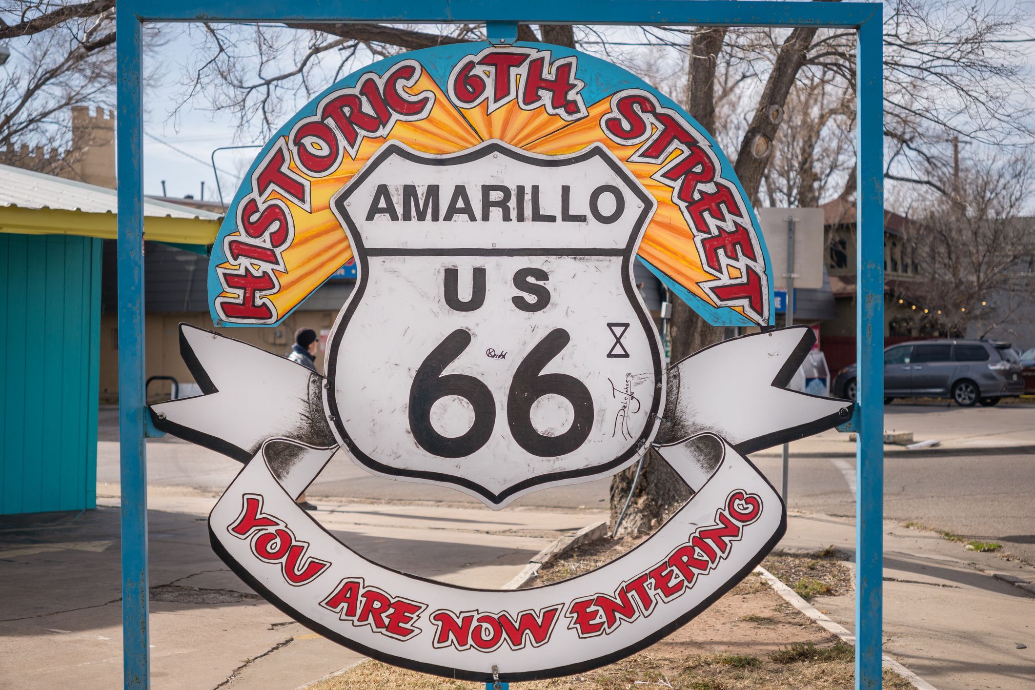 Sign for the Historic 6th Street District and US Route 66 in Amarillo, Texas