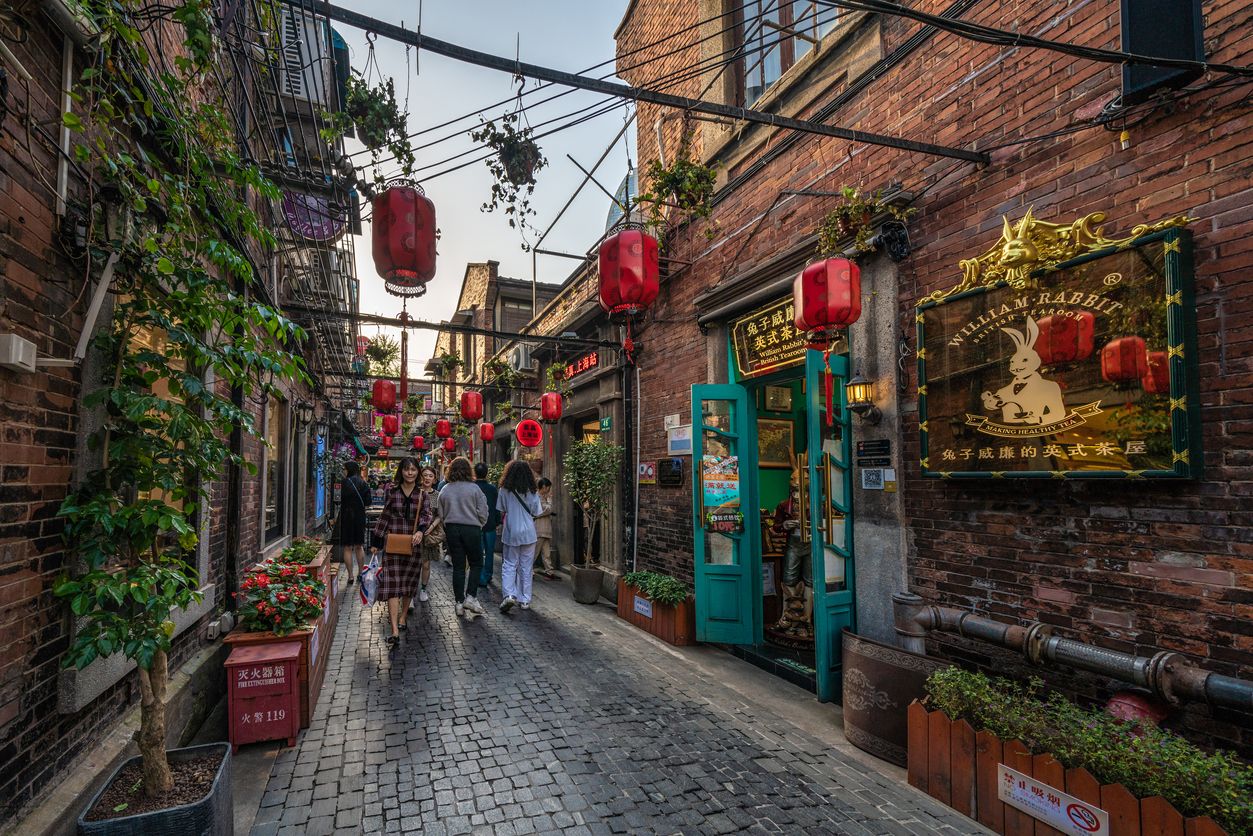 View of a street in the Tianzifang, a famous shopping area known for its arts and crafts in the French Concession area, Shanghai, China