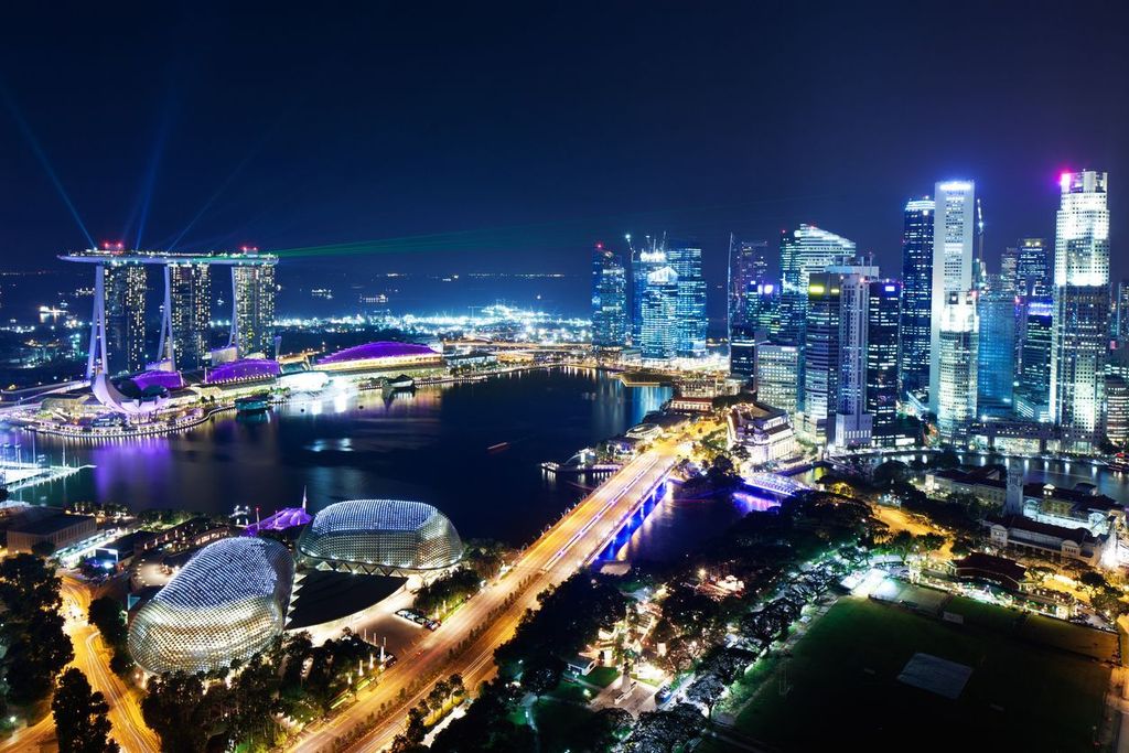 Aerial view of Marina Bay with CBD, Singapore at night