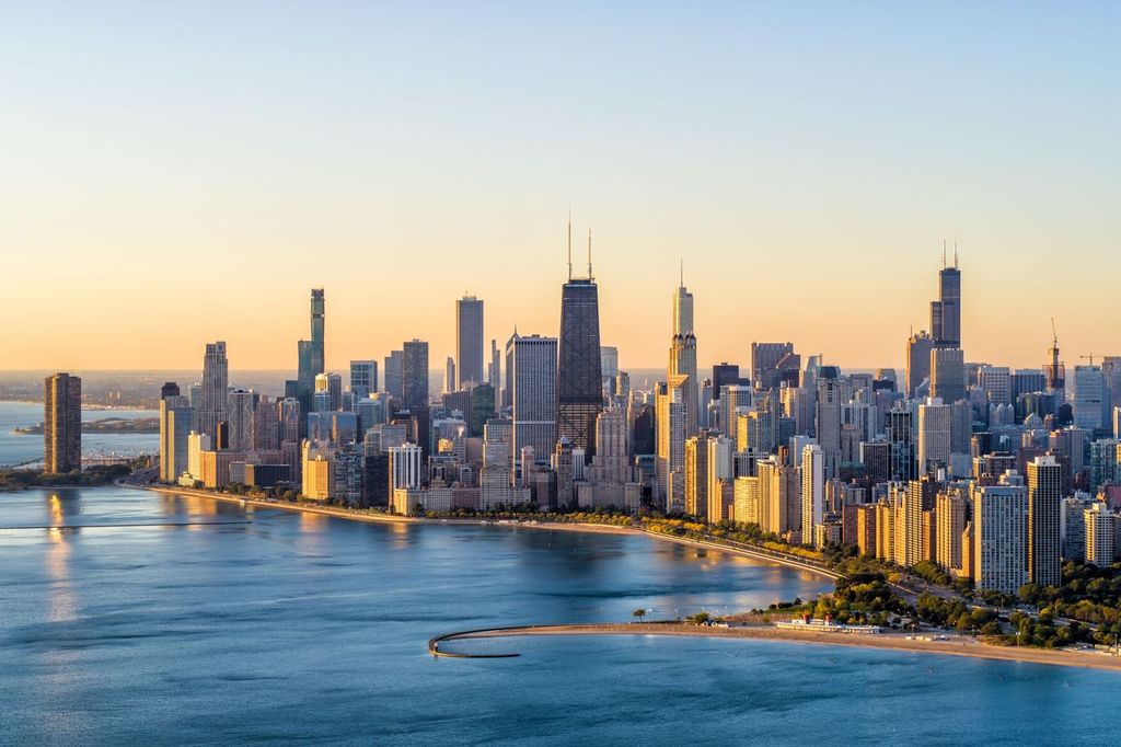 Aerial View of Chicago Lake Shore Dr at sunrise
