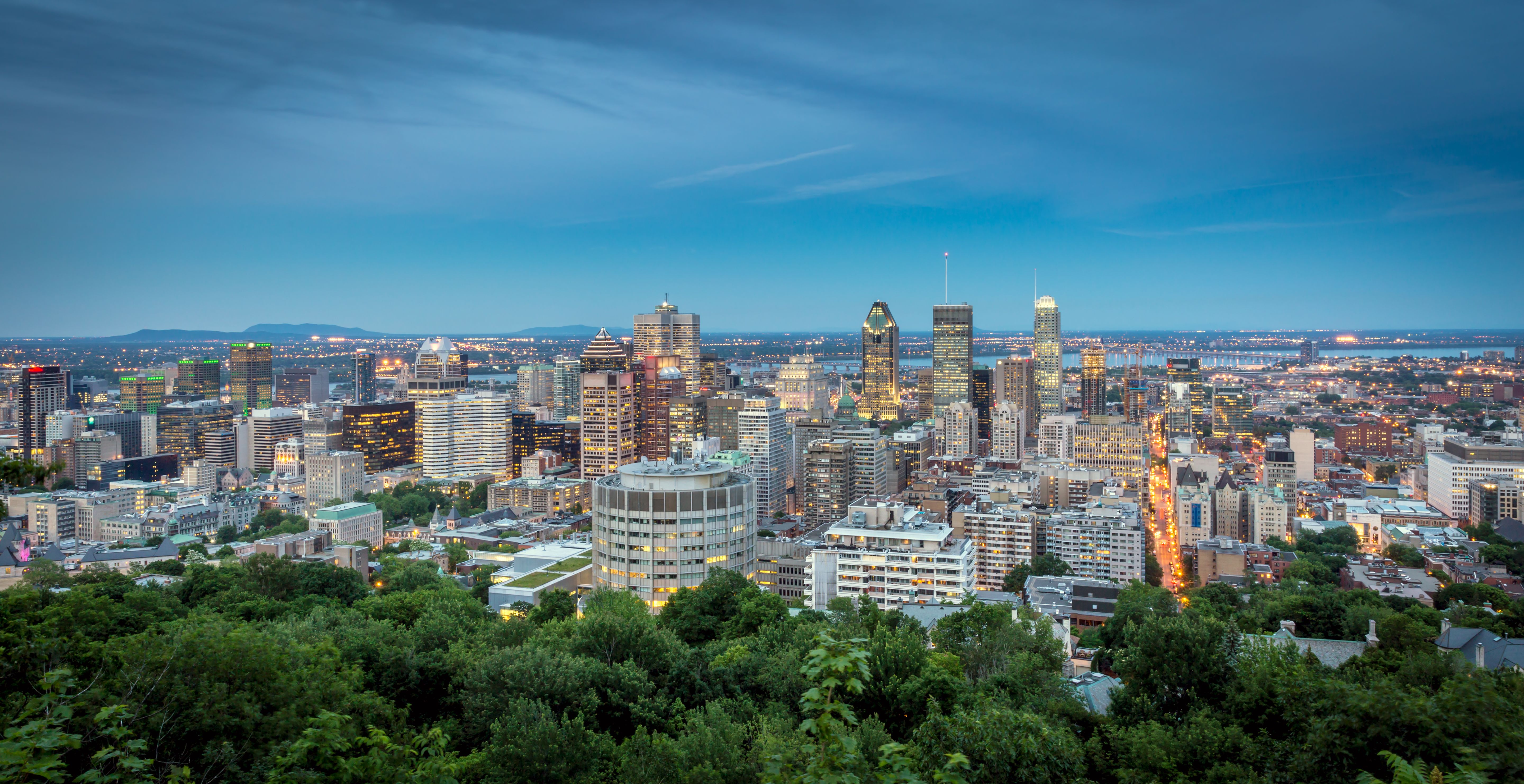 Panoramic picture of Montreal cityscape at sunset.