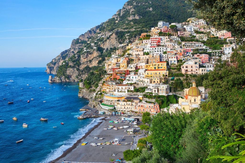 View of Positano on a sunny day, Amalfi Coast, in Campania, Italy