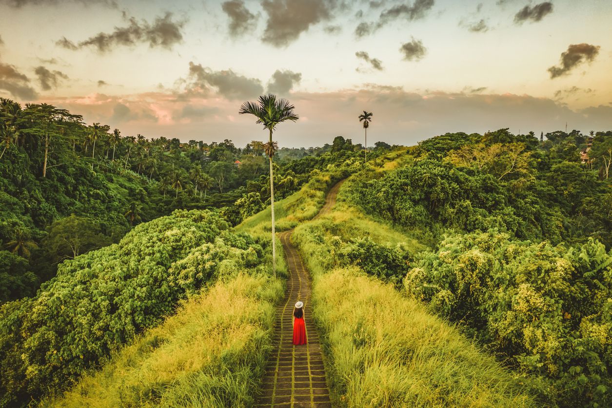 Young beautiful woman walking on Campuhan Ridge way of artists, in Bali, Ubud