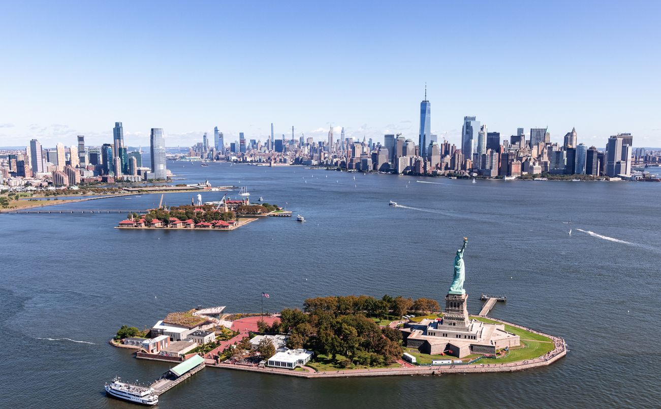 Aerial photography over Statue of Liberty