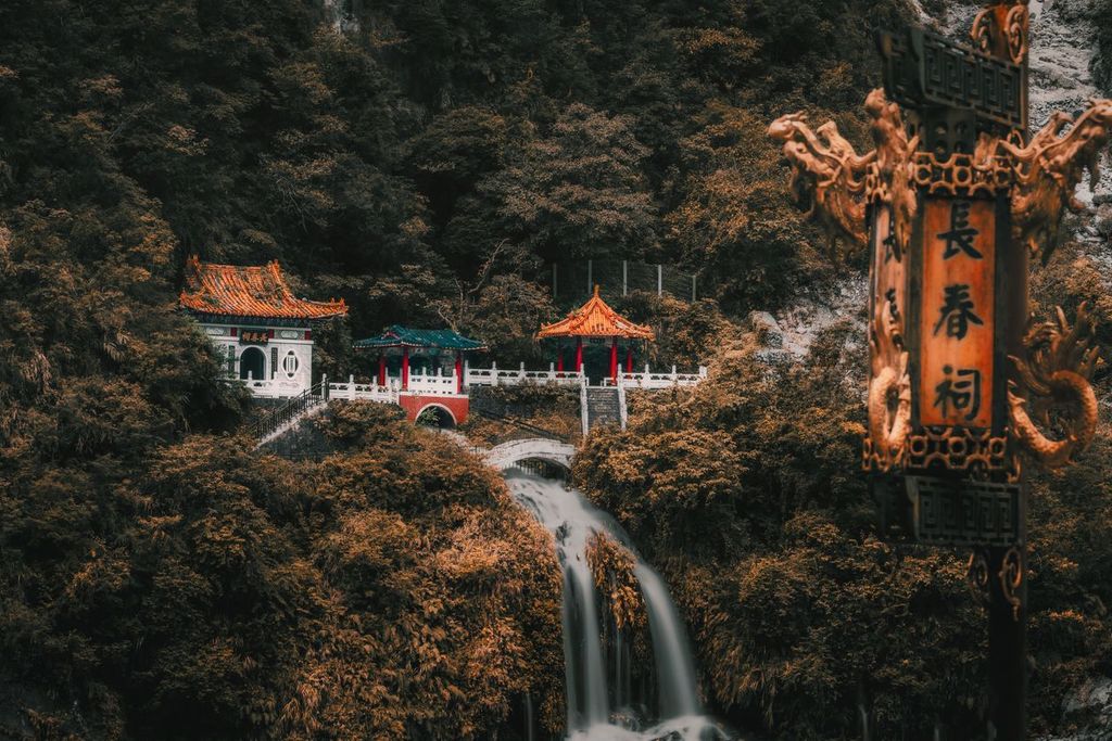 Changchun temple with waterfall at Taroko National Park in Hualien, Taiwan