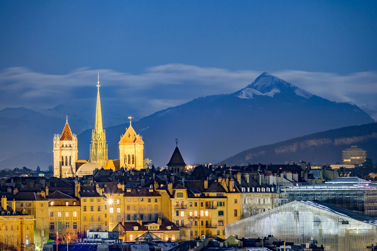 Downtown Geneva, beneath snowy mountains, Switzerland