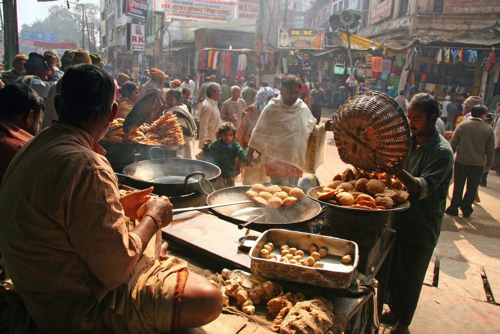 Crowded street food market of Varanasi, India