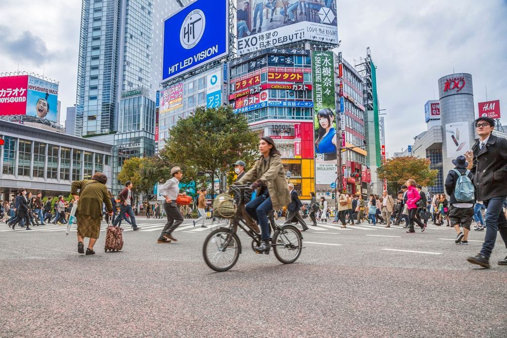 Shibuya crossing, pedestrians and cyclist crossing the road, street level