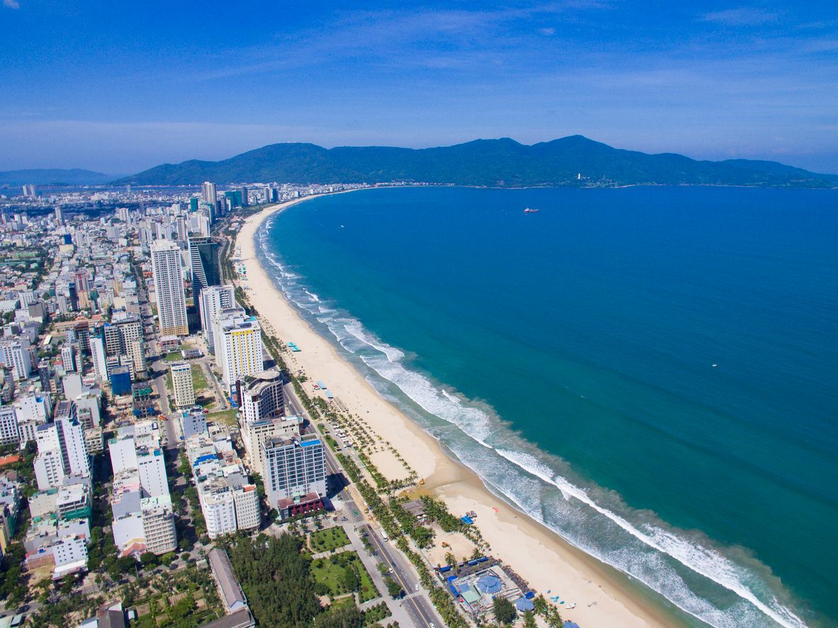 Aerial view of Da Nang beach with many resorts and hotels.