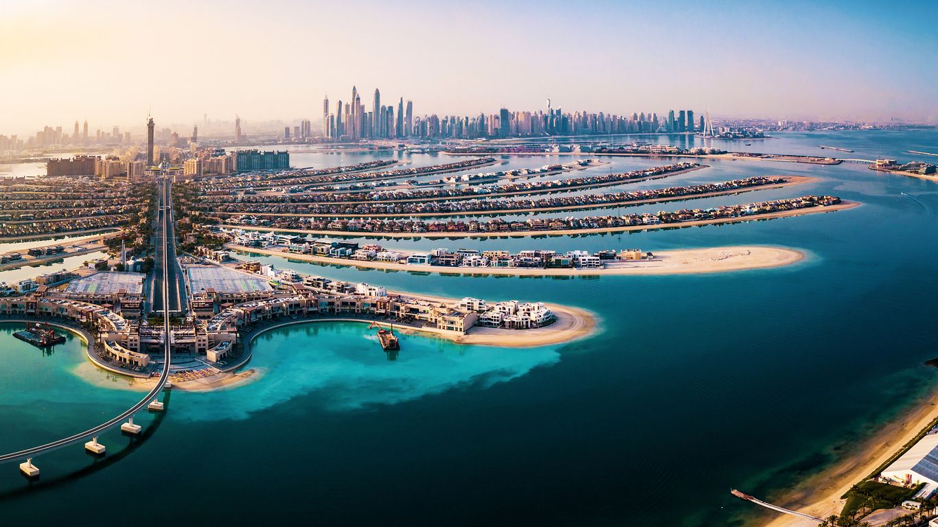 The Palm island panorama with Dubai marina in the background.