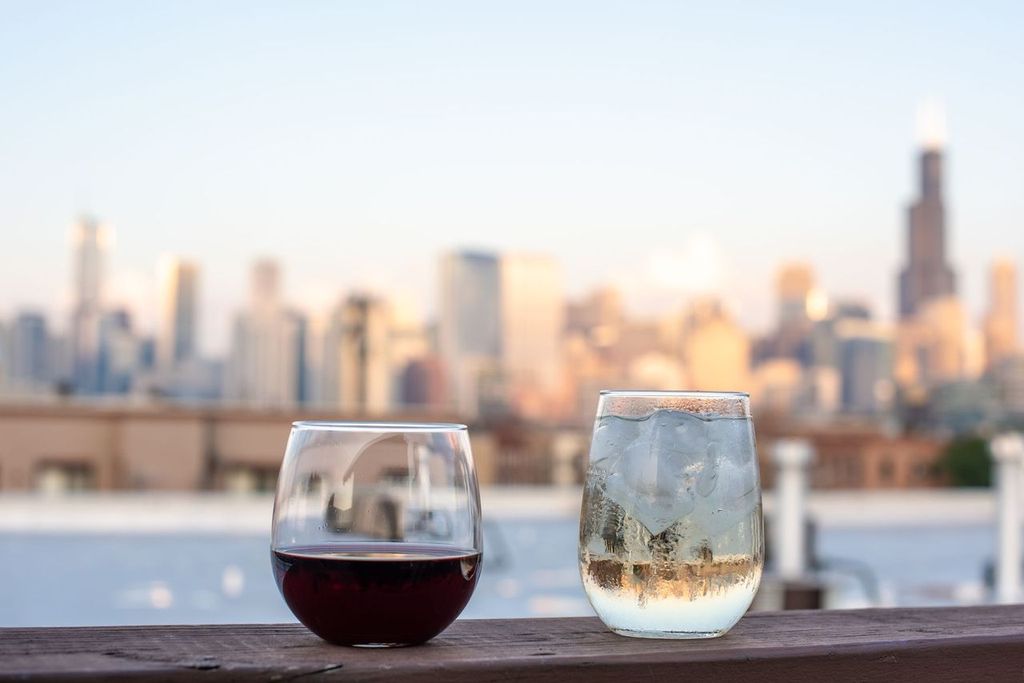 Wine glasses on a rooftop in Chicago