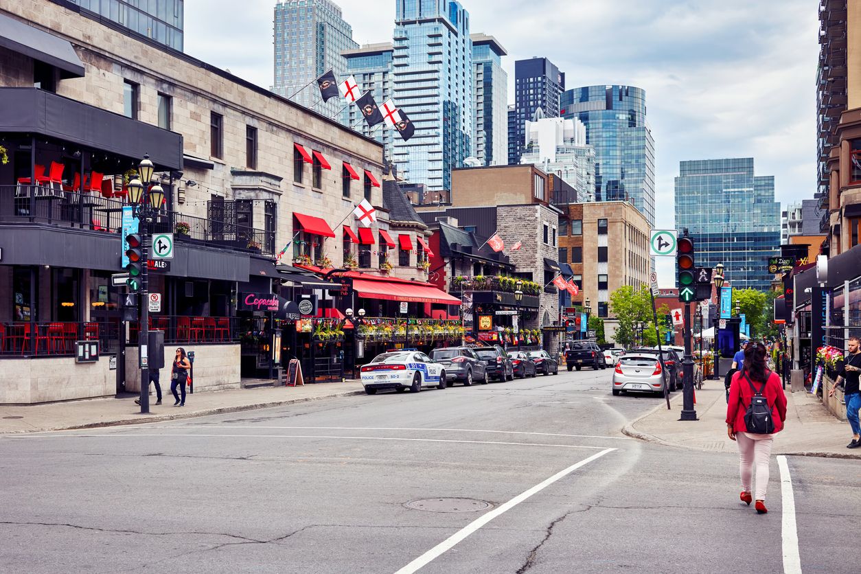 Pubs, cafes and buildings at crescent street in Montreal, Quebec, Canada