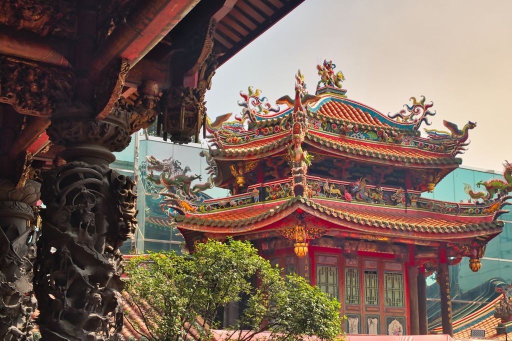 Part of Longshan Temple in Taipei, Taiwan. A representation of Taiwanese culture, religion and architecture. Colourful temple.