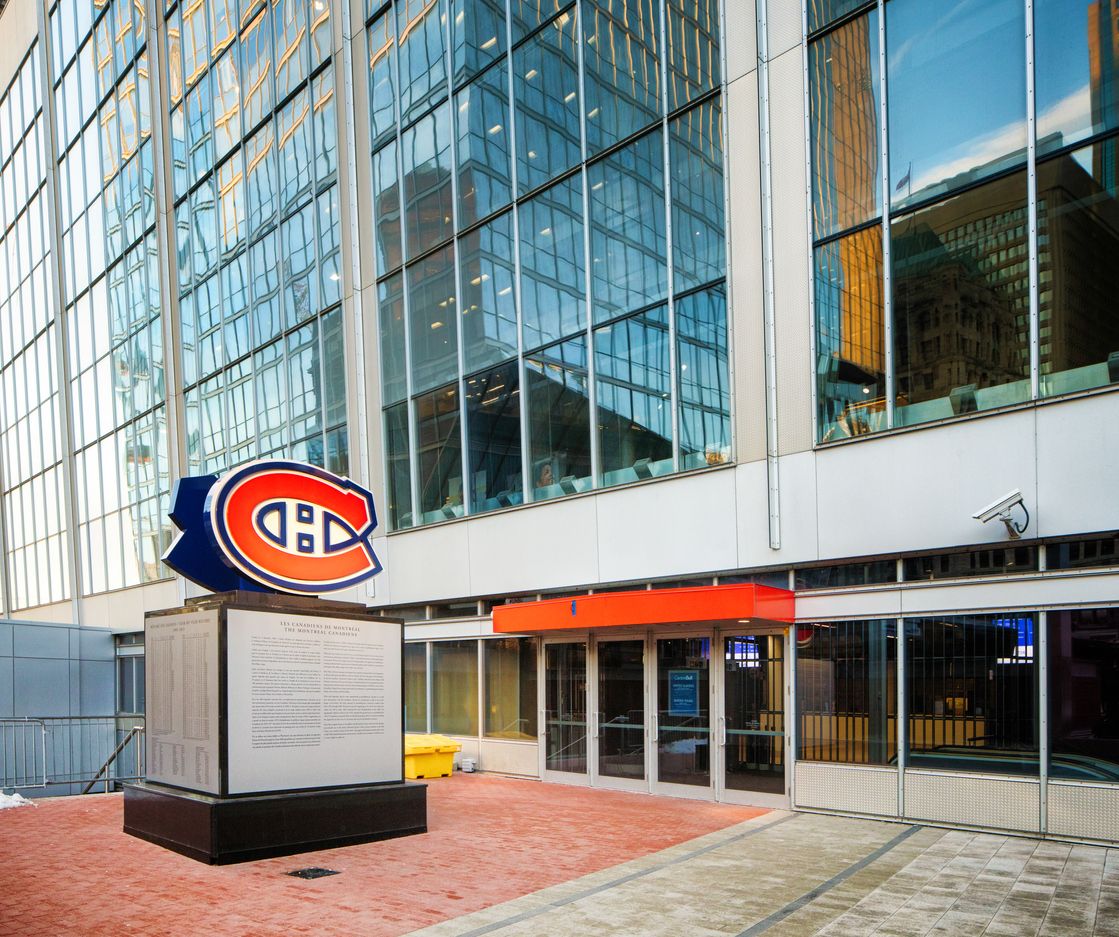 Side Entrance to Montreal's Bell center with Canadiens information block