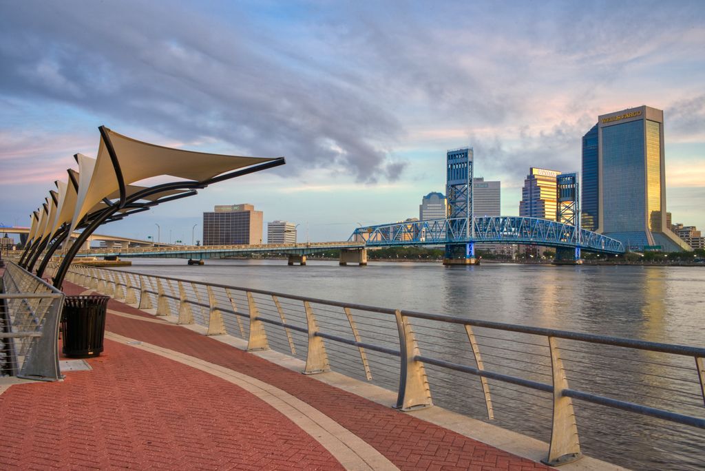 Downtown Jacksonville Skyline at Sunrise as seen from the Southbank Riverwalk along St. Johns River in Florida, USA.