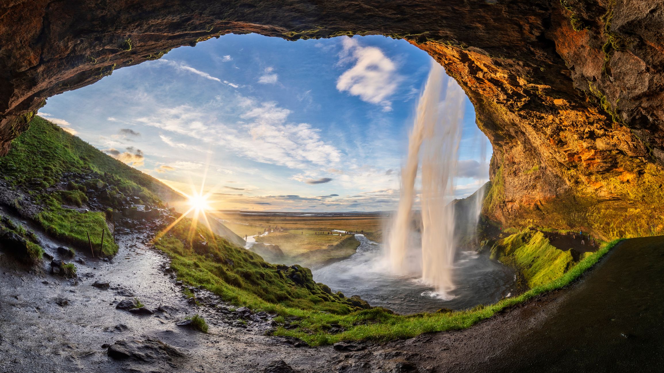 Seljalandfoss waterfall in summer time at sunset, Iceland