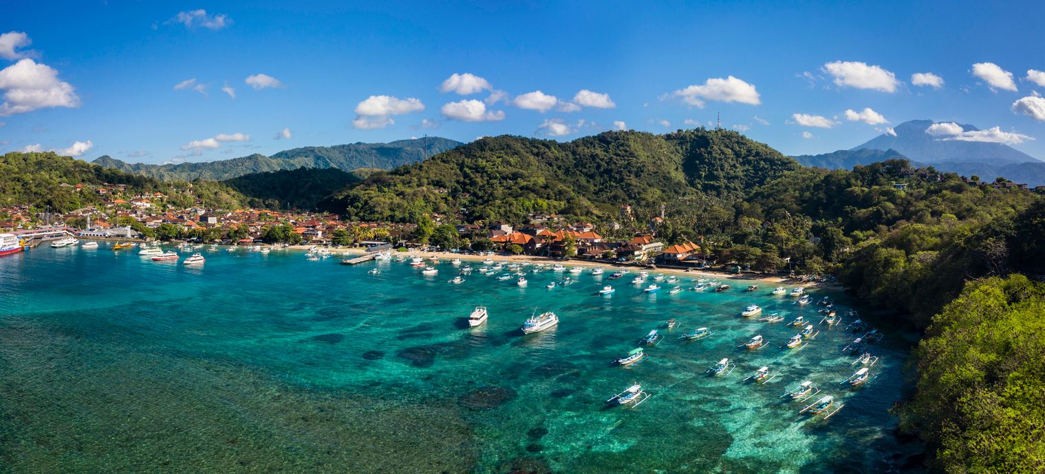 Panoramic landscape of Padangbai harbor in Bali Indonesia