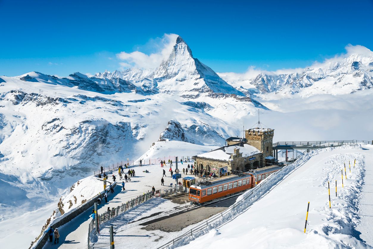 Matterhorn peak above Zermatt town in Mattertal, Valais canton, Switzerland, in winter.