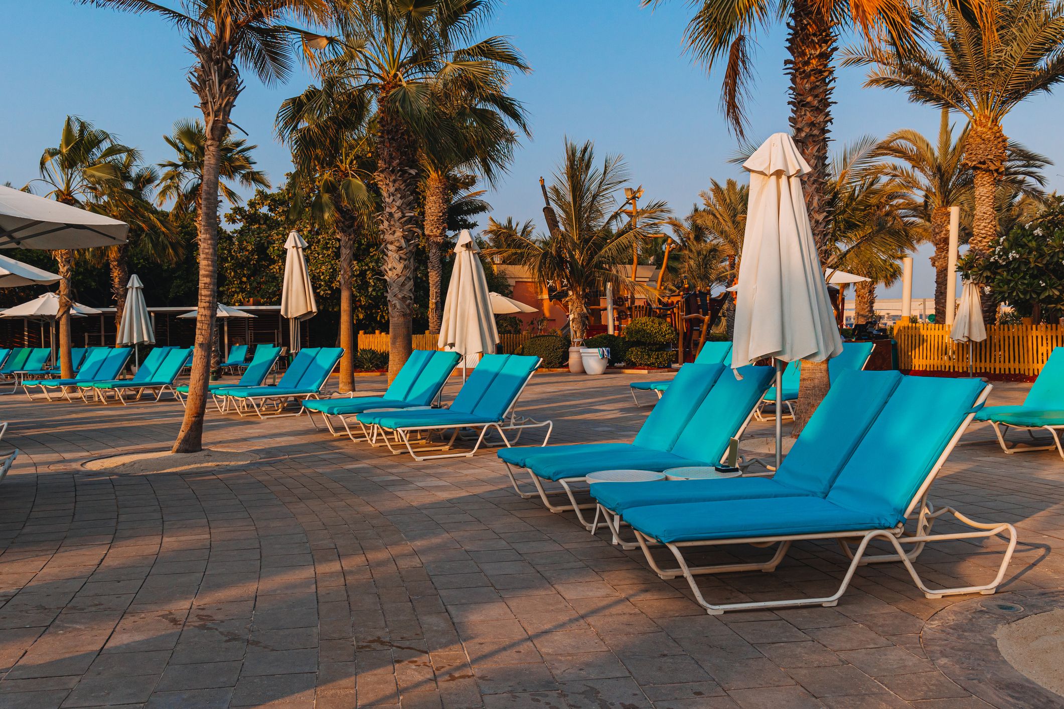 Blue bed pool with a towel stand under umbrellas against the backdrop of beautiful palm trees