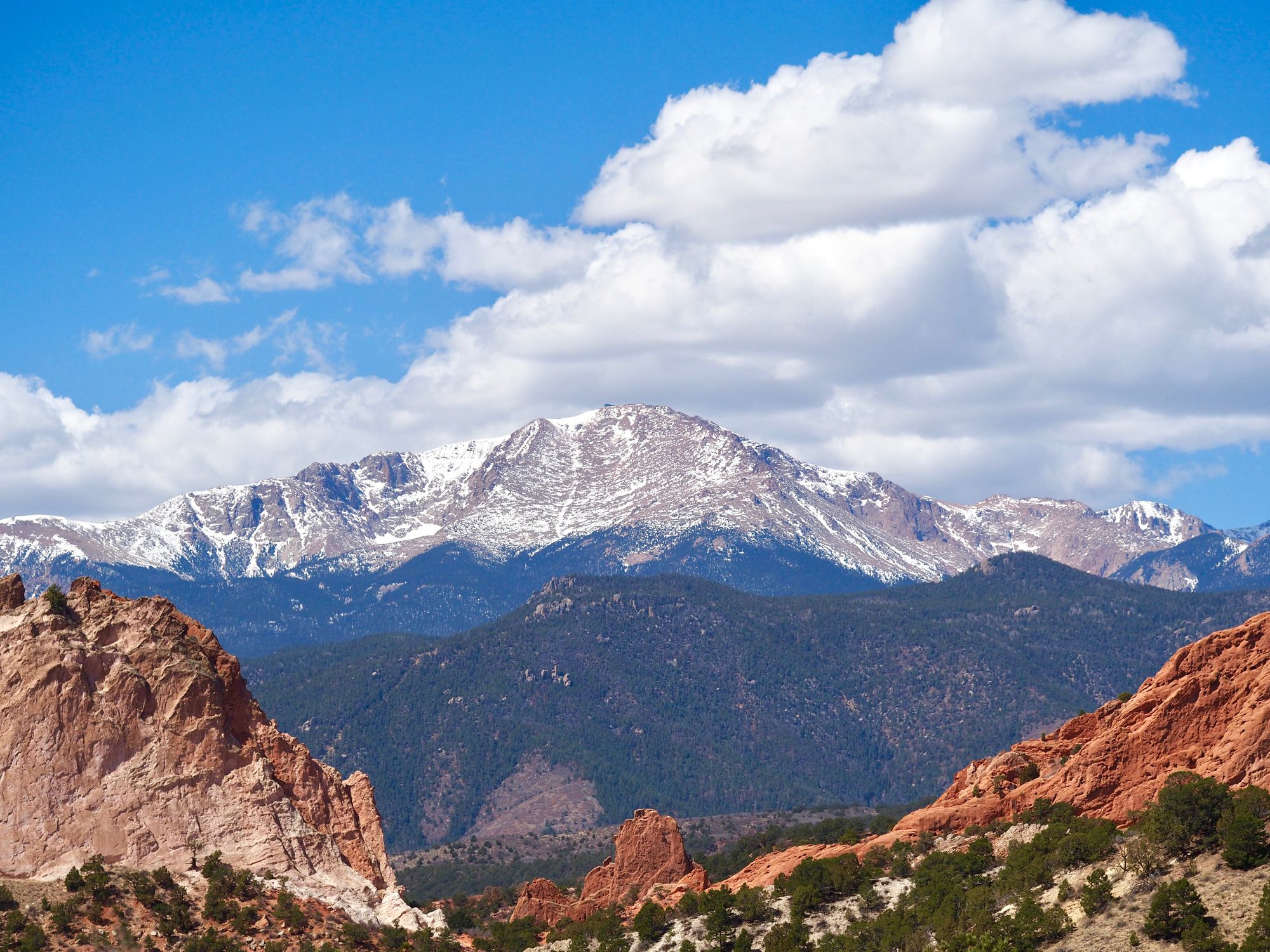 View of Pikes Peak from The Garden of the Gods Park, Colorado Springs, Colorado