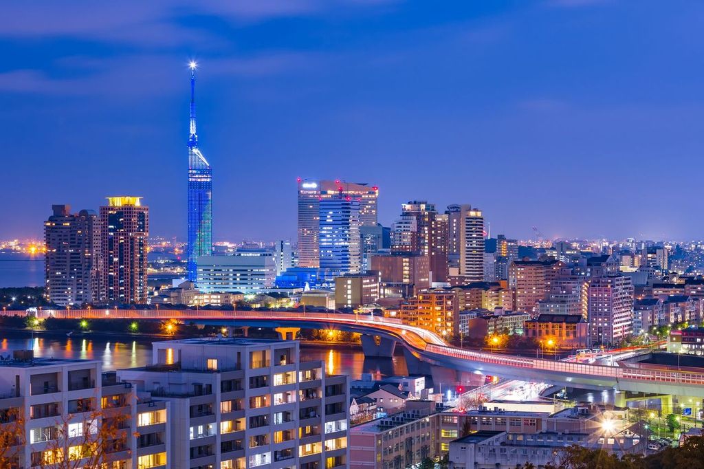 Hakata skyline at twilight in Fukuoka, Japan