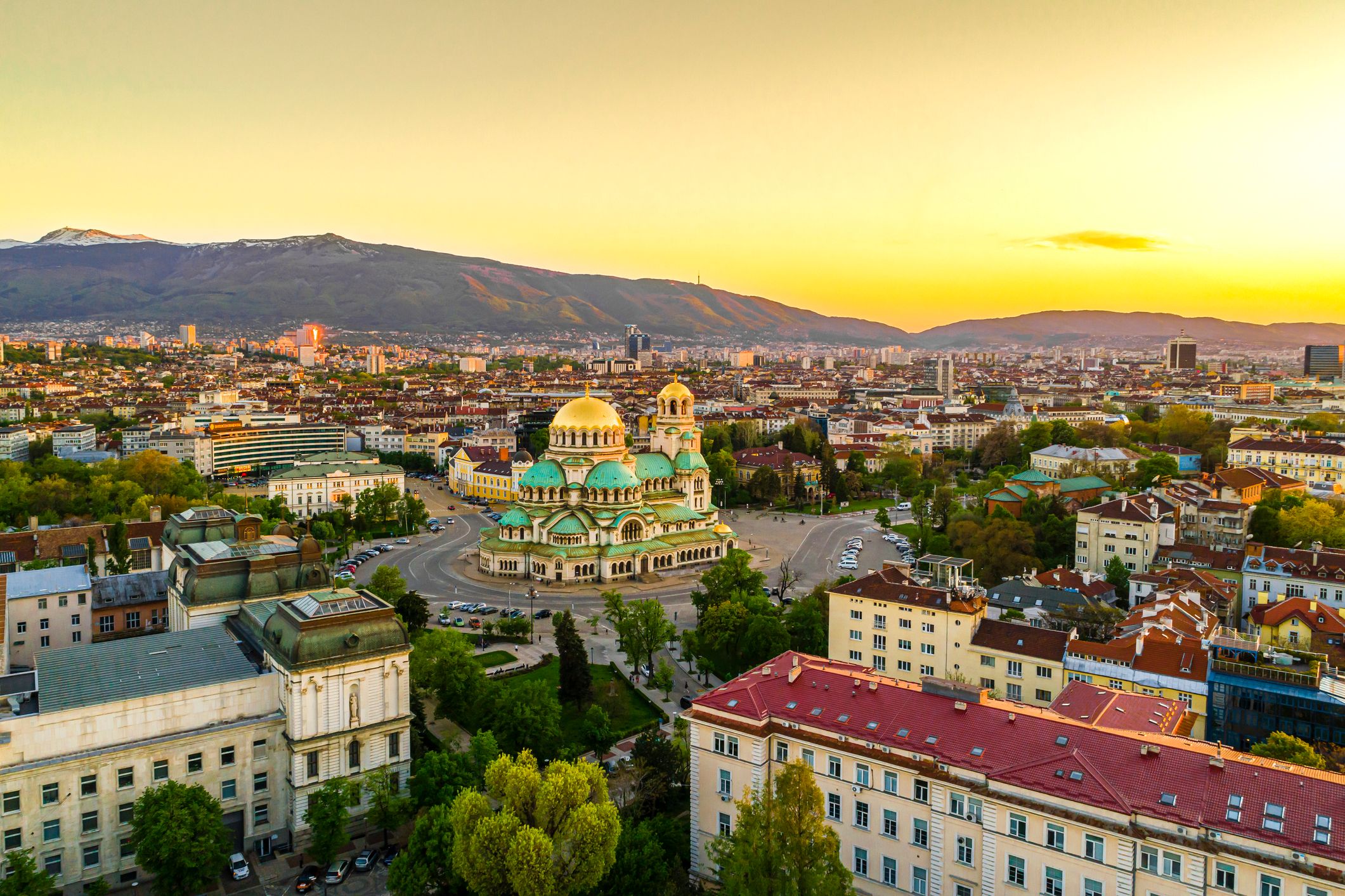 Beautiful drone shot of downtown district of Sofia, Bulgaria