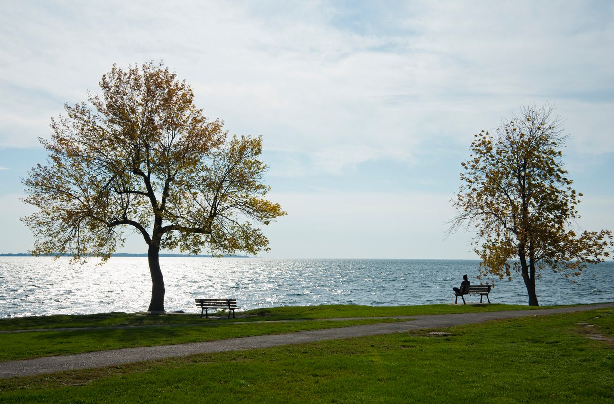 Park benchs in an urban park in Kingston, Ontario with a view of Lake Ontario