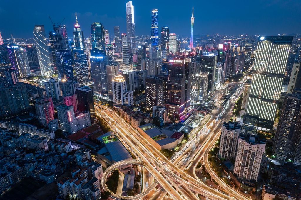 Aerial view of urban skyline with overpass in Guangzhou, China