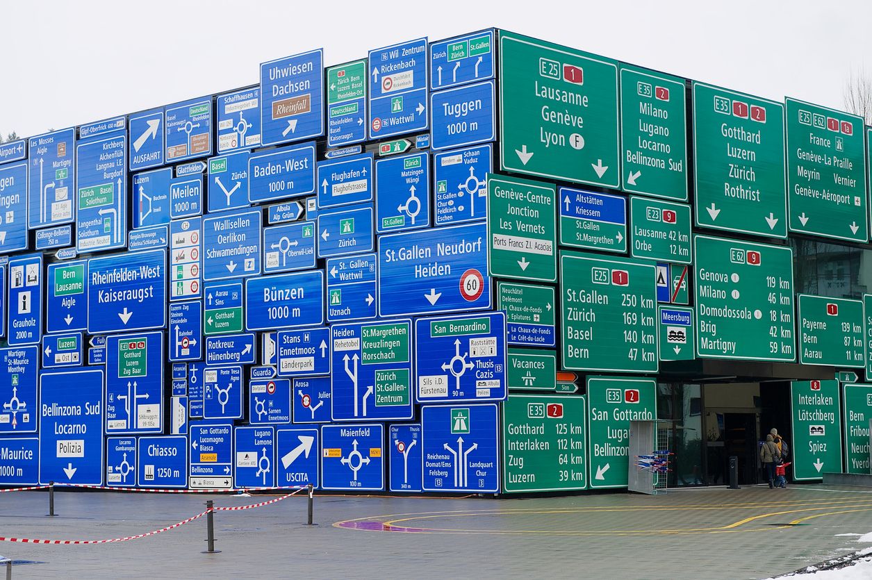 Display of the traffic signs in Swiss Museum of Transport in Lucerne, Switzerland