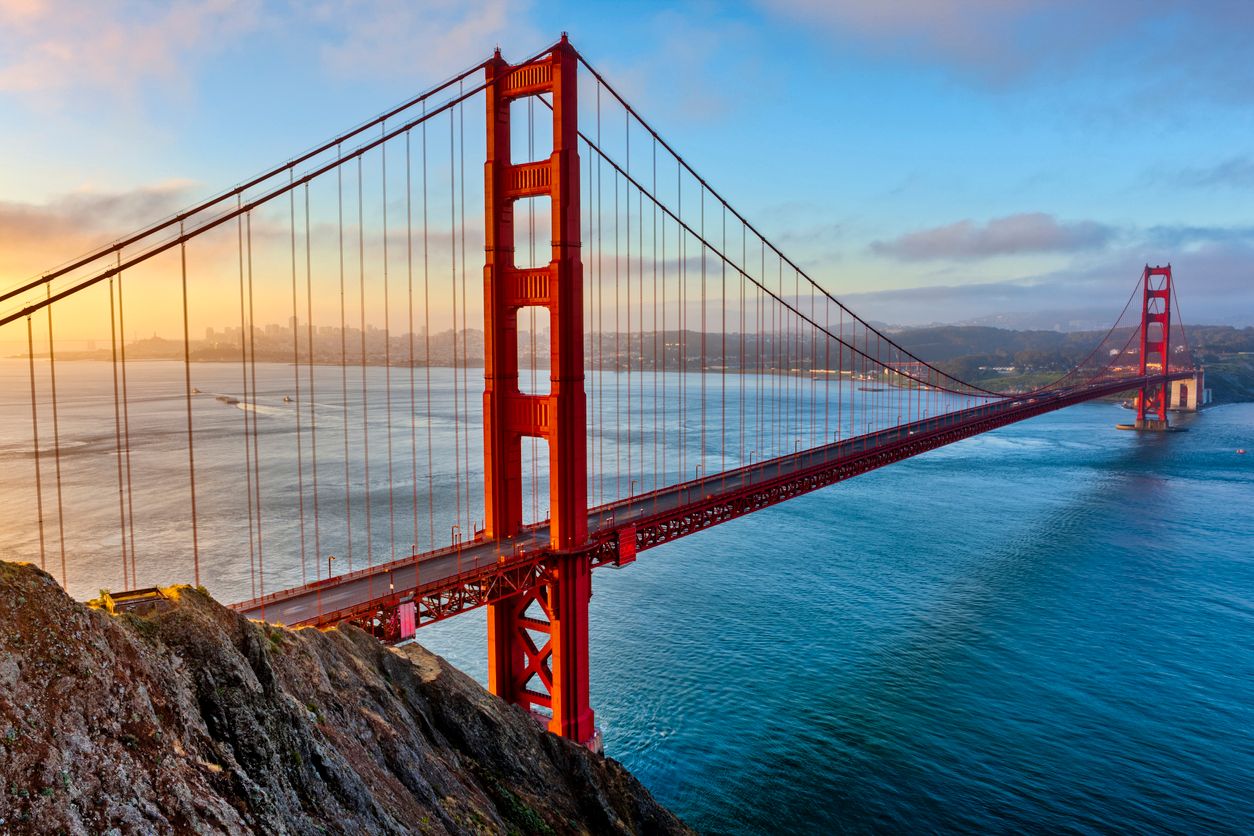 The Golden Gate Bridge and Bay area in San Francisco California at sunrise