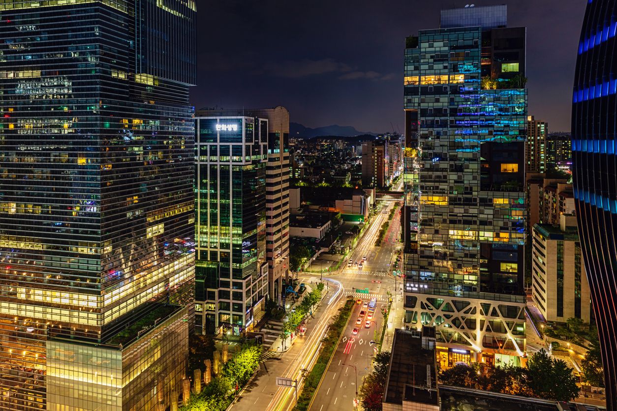Seoul Gangnam City Street at Night, South Korea.