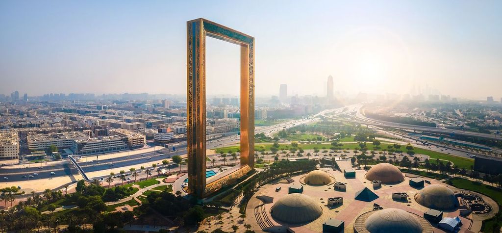 Aerial view of Dubai Frame near downtown Dubai with old Dubai skyline in the United Arab Emirates
