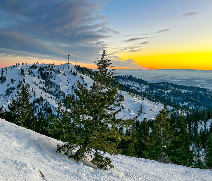 Winter sunset at Bogus Basin ski resort in Boise, Idaho