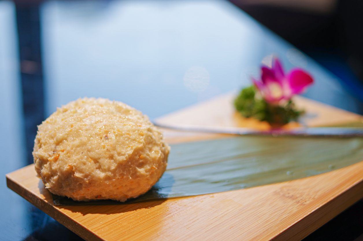 Fish ball, a famous food from Fuzhou, for hot pot on bamboo plate