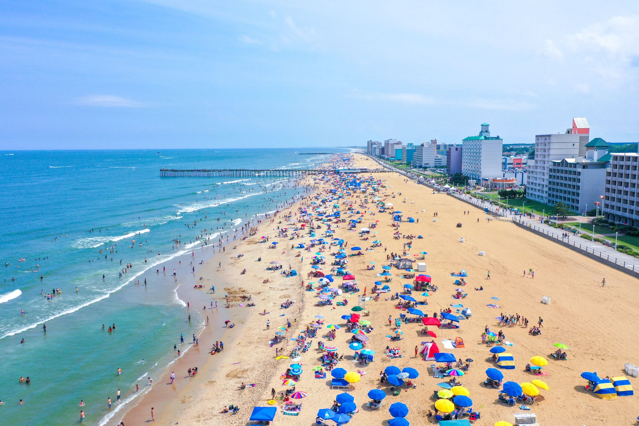 Aerial view of the Virginia Beach oceanfront looking south on a busy weekend in June