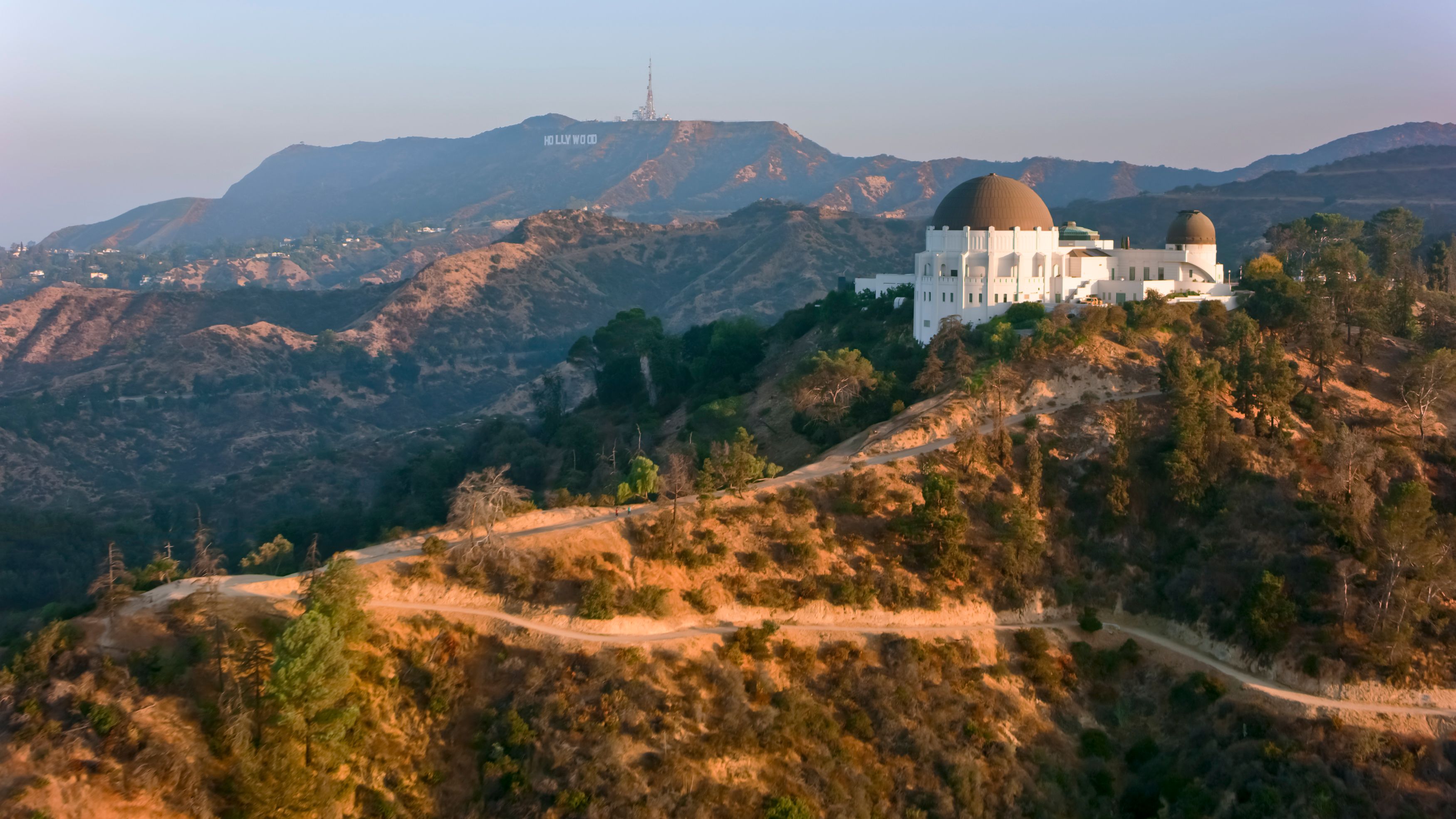 Aerial view of the Griffith Observatory towards the Hollywood sign