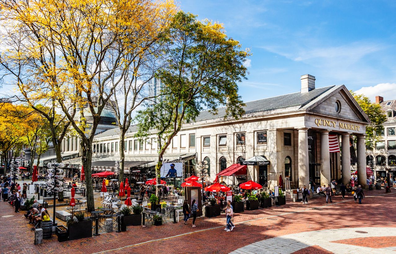 Boston Quincy Market building and surrounding shopping and dining plaza