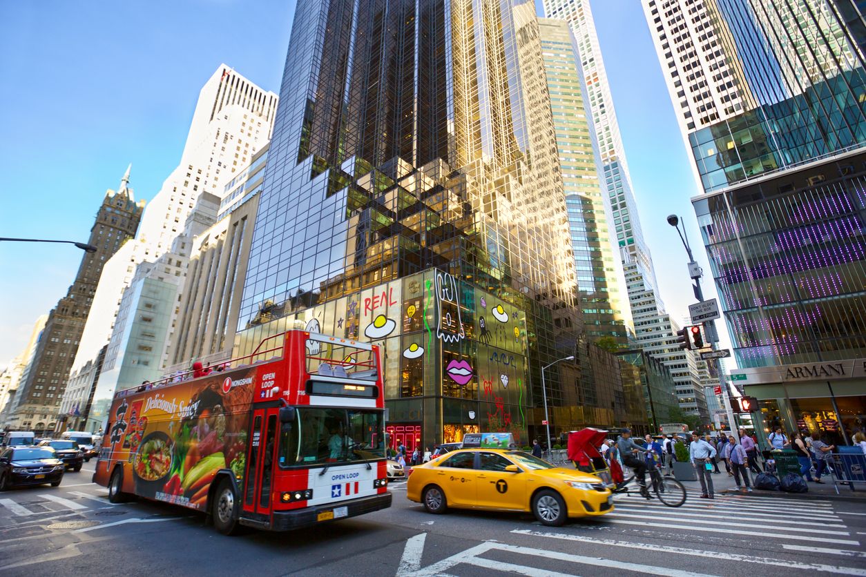 Busy traffic on Fifth Avenue in Midtown Manhattan.