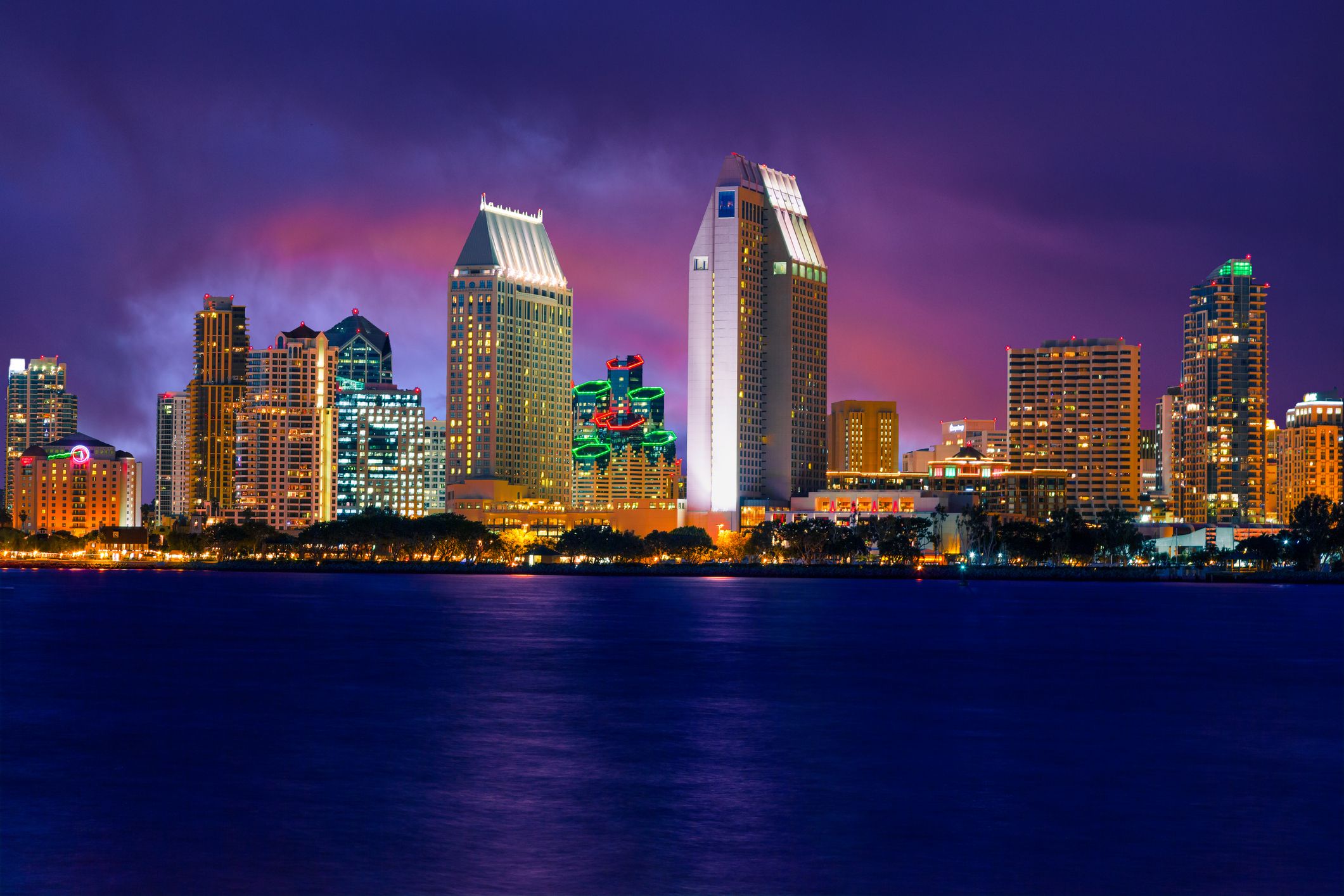 Skyscrapers of San Diego skyline at night, California