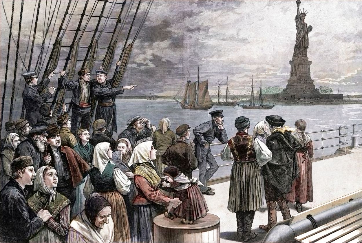 Ship with Immigrant Passengers Arriving in New York stock illustration