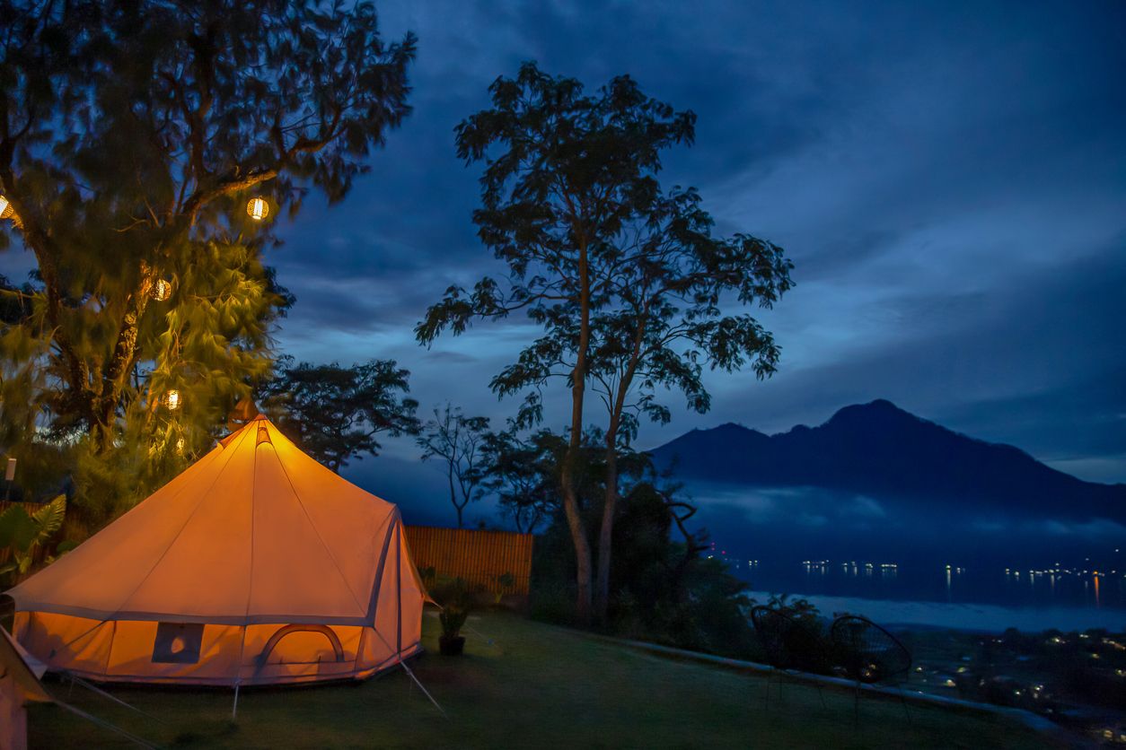 Camping with Mount Batur view at night in Bali, Indonesia