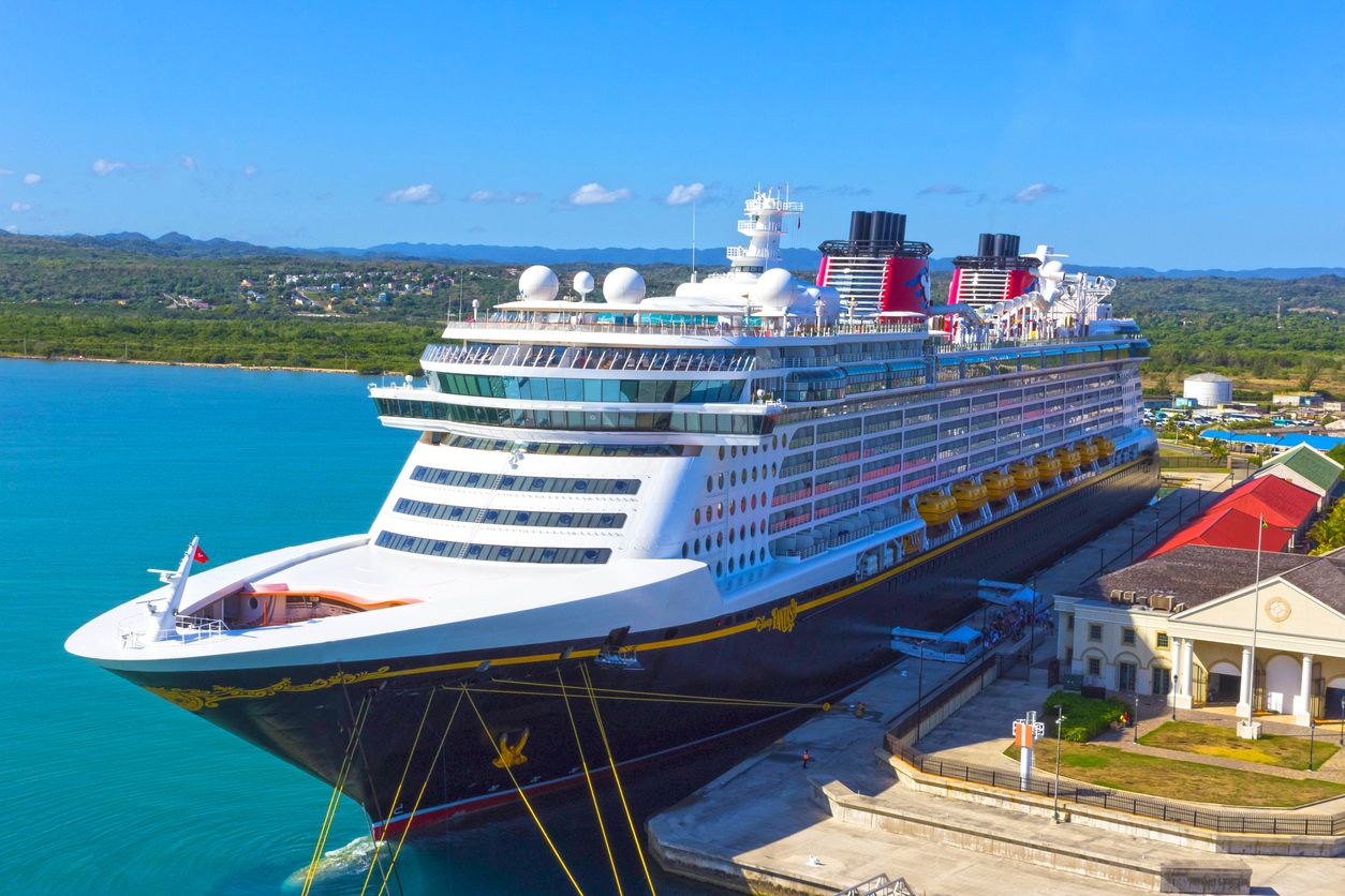 Cruise ship Disney Fantasy by Disney Cruise Line docked in Falmouth, Jamaica.