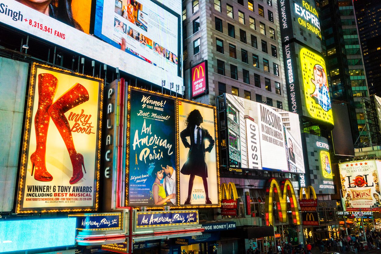 Broadway Theaters billboards in Times Square New York