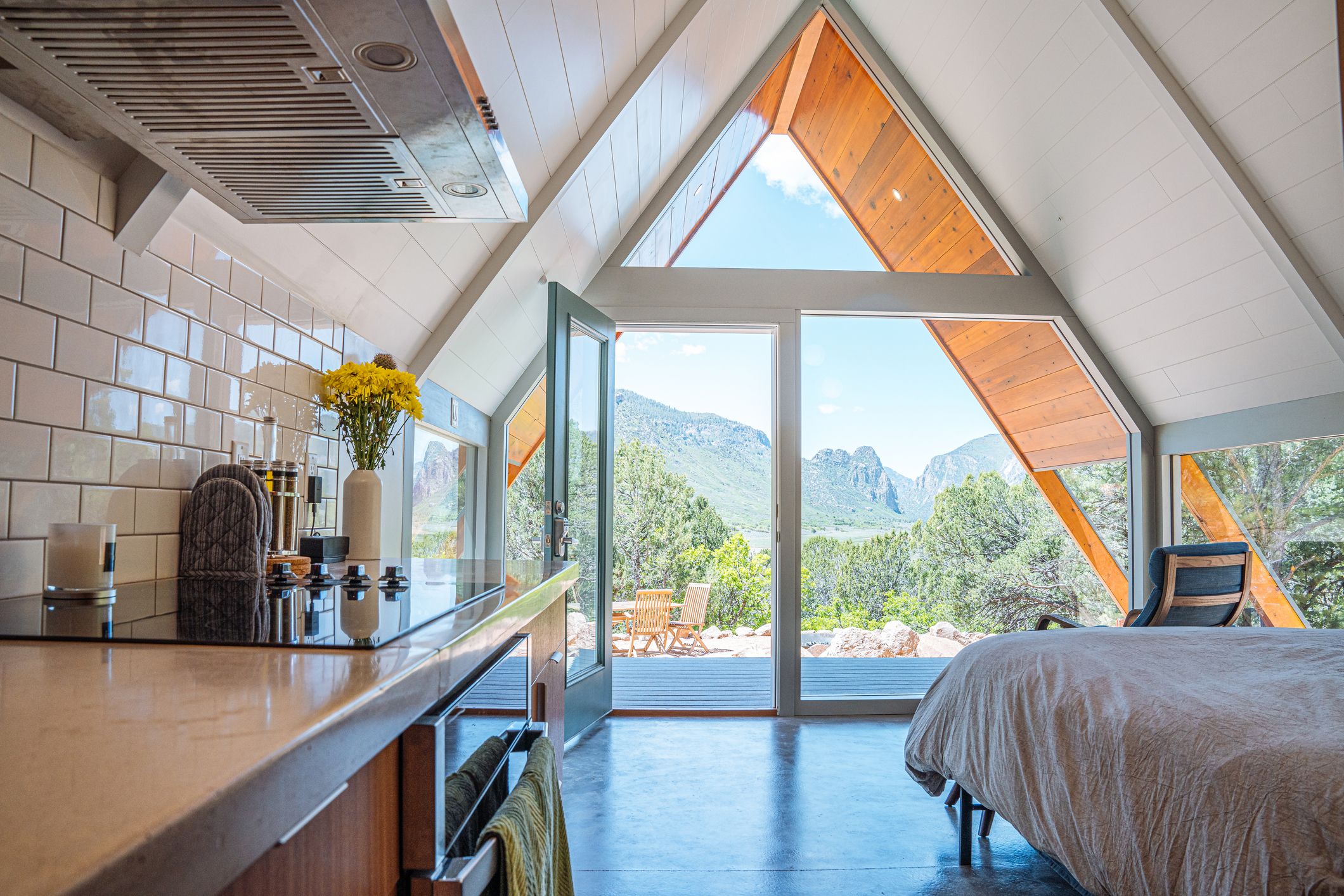 Wide Angle Real Estate Interior Shot of a Beautiful, Trendy A-Frame Tiny Home in Western Colorado