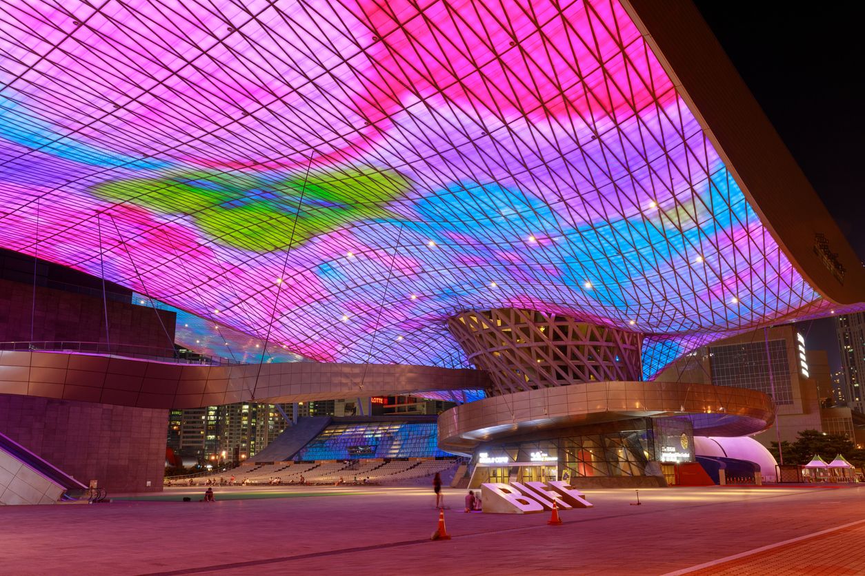 Roof full of LED lights viewed from below and exterior of the Busan Cinema Center