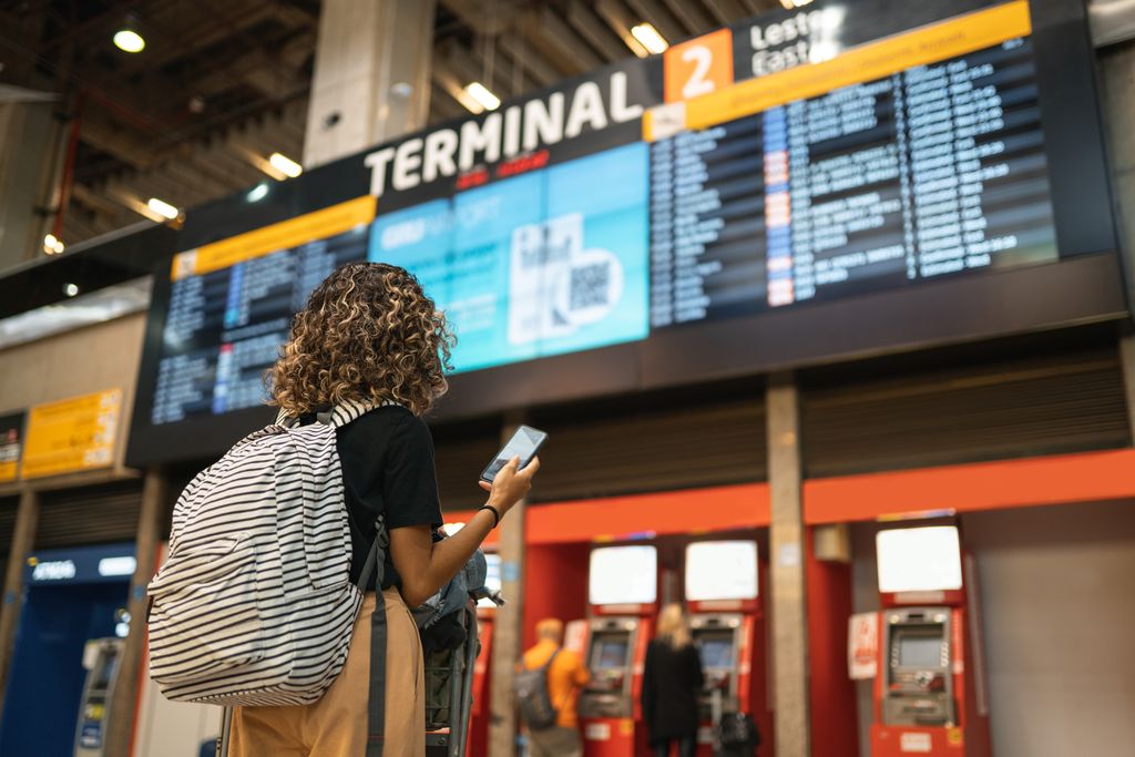 Tourist looking at arrivals and departures table