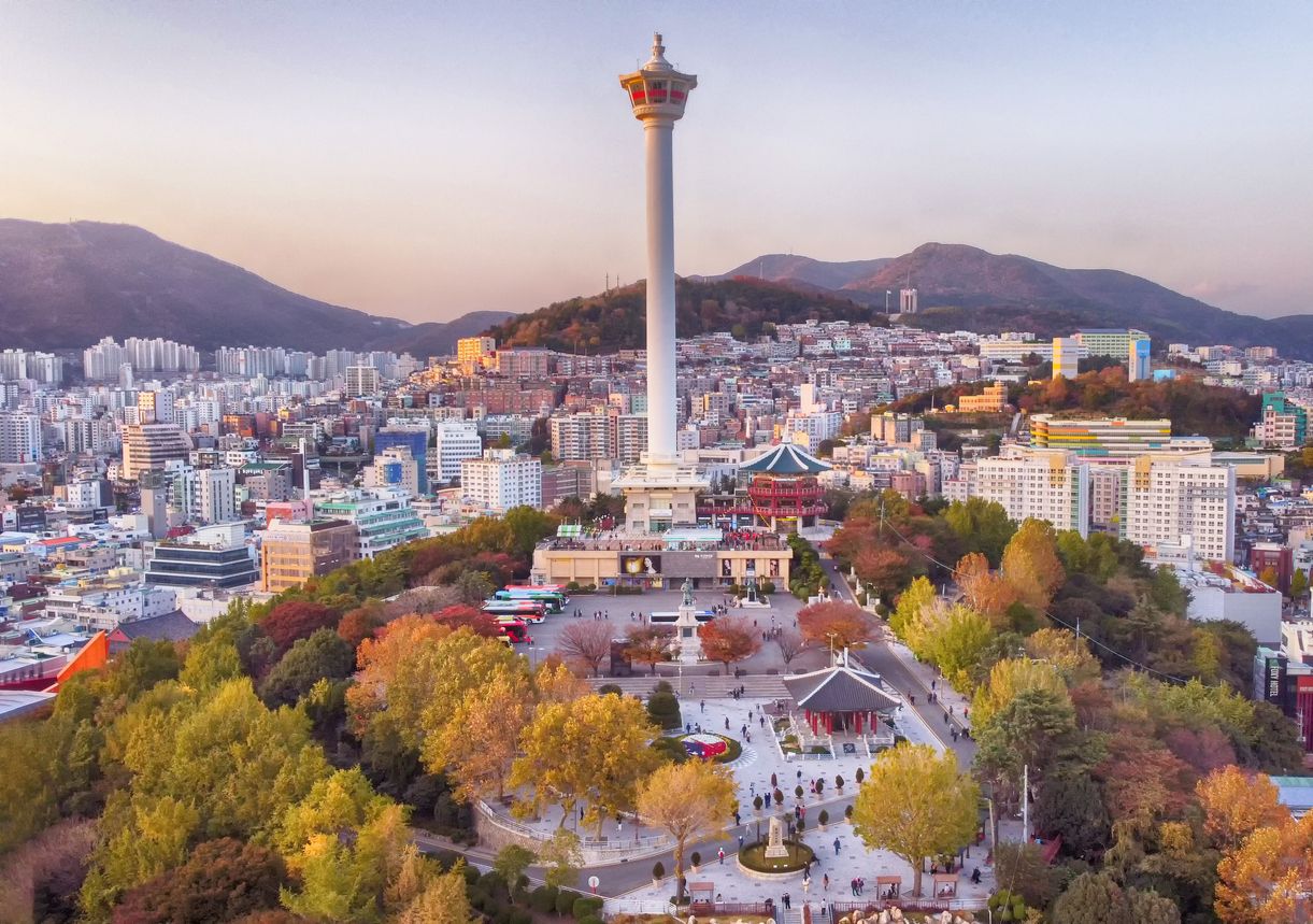 Aerial View of Busan Tower in Yongdusan Park, Busan, South Korea